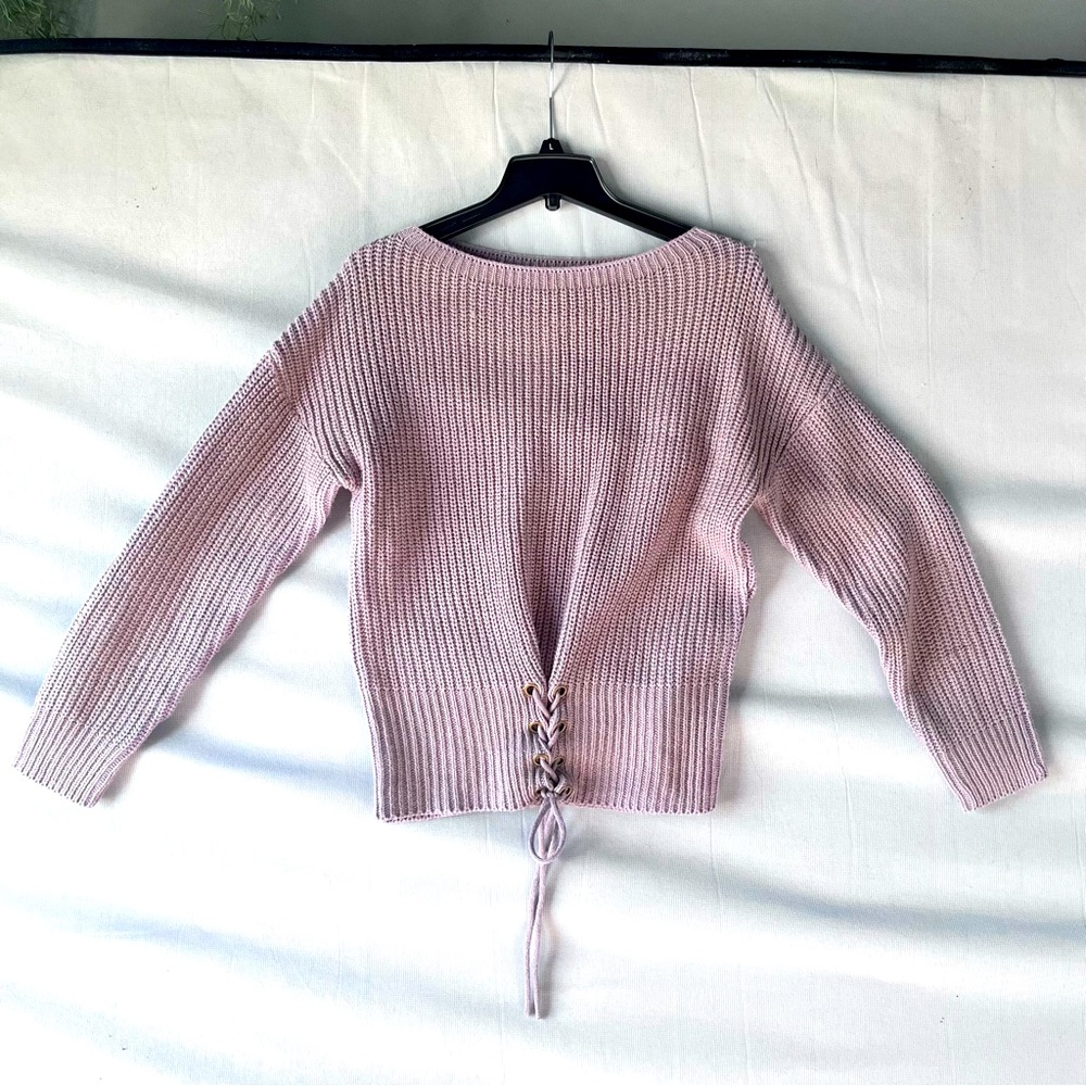 Lavender knit sweater with lace-up front